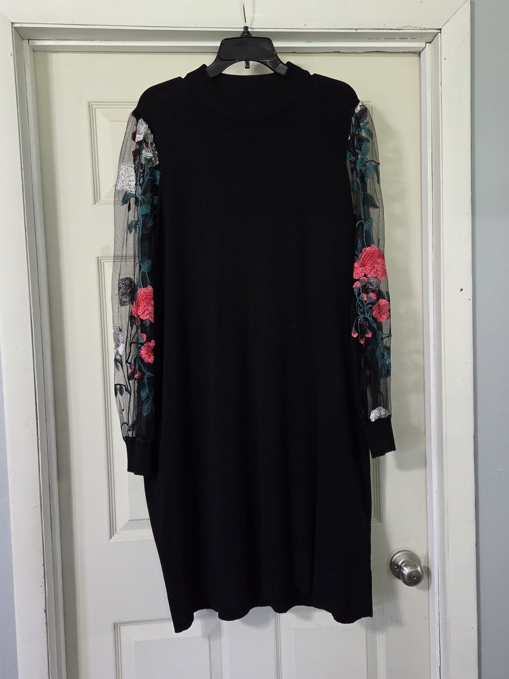 Cato Black Sweater Dress with Embroidered Mesh Sleeves